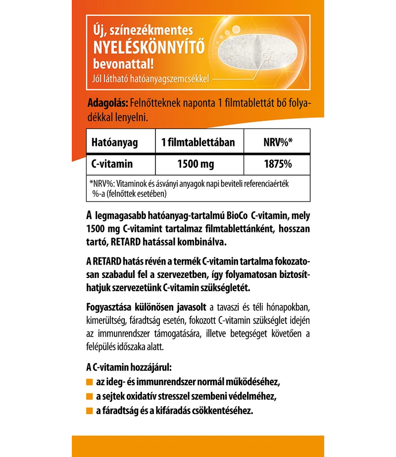 BioCo Mega C-vitamin 1500mg RETARD filmtabletta - 100db - Image 2 BioCo Mega C-vitamin 1500mg RETARD filmtabletta - 100db - Image 2