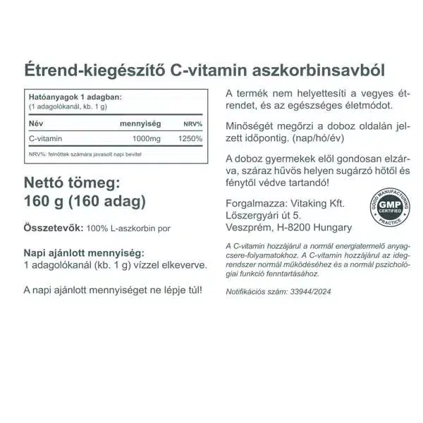 VitaKing Aszkorbinsav C-vitamin por - 160g - Image 2 VitaKing Aszkorbinsav C-vitamin por - 160g - Image 2