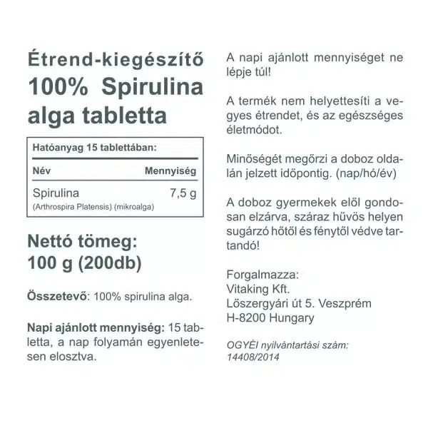 Vitaking 100% Spirulina alga tabletta - 200 db - Image 2 Vitaking 100% Spirulina alga tabletta - 200 db - Image 2