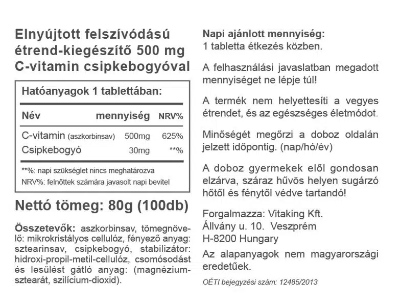 Vitaking 500mg C-vitamint és csipkebogyót tartalmazó RETARD tabletta - 100db - Image 2 Vitaking 500mg C-vitamint és csipkebogyót tartalmazó RETARD tabletta - 100db - Image 2