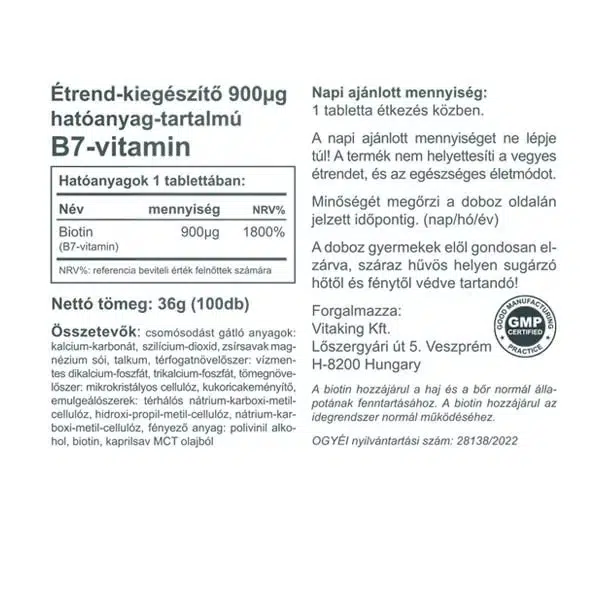 Vitaking Biotin 900mcg tabletta - 100db - Image 2 Vitaking Biotin 900mcg tabletta - 100db - Image 2
