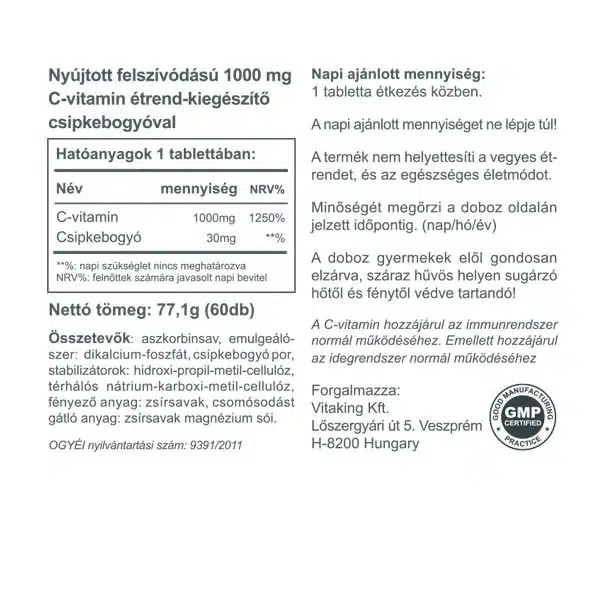 Vitaking C-vitamin 1000mg RETARD tabletta – 60db - Image 2 Vitaking C-vitamin 1000mg RETARD tabletta – 60db - Image 2