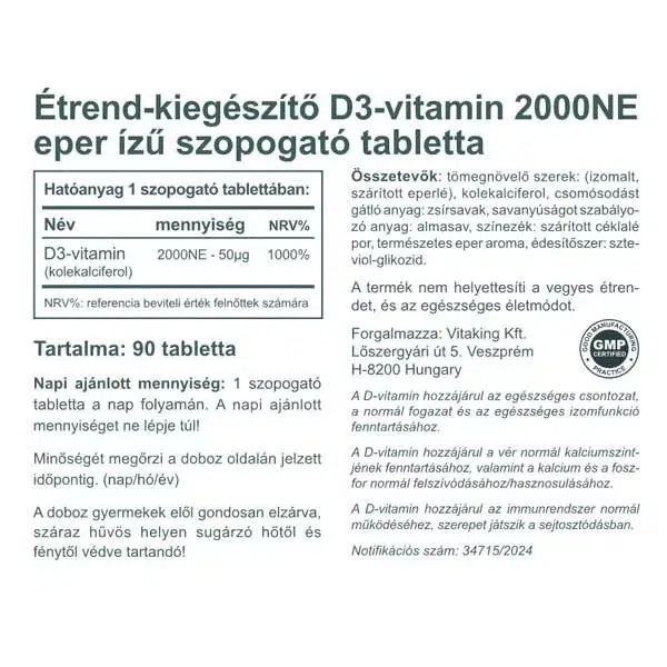 Vitaking D3-vitamin 2000NE epres ízű szopogató tabletta - 90 db - Image 3 Vitaking D3-vitamin 2000NE epres ízű szopogató tabletta - 90 db - Image 3
