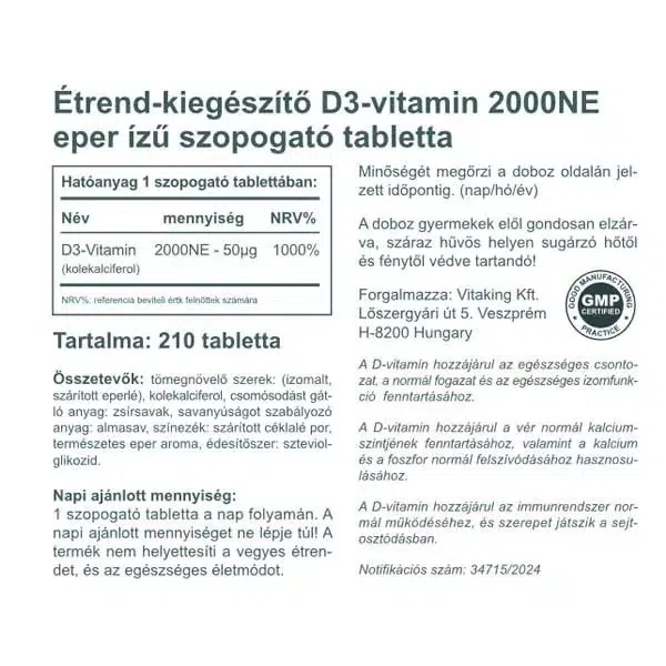 Vitaking D3-vitamin 2000 NE epres ízű szopogató tabletta - 210db - Image 3 Vitaking D3-vitamin 2000 NE epres ízű szopogató tabletta - 210db - Image 3