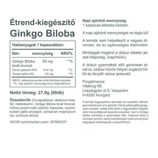 Vitaking Ginkgo Biloba 60mg kapszula - 90db - Image 2 Vitaking Ginkgo Biloba 60mg kapszula - 90db - Image 2