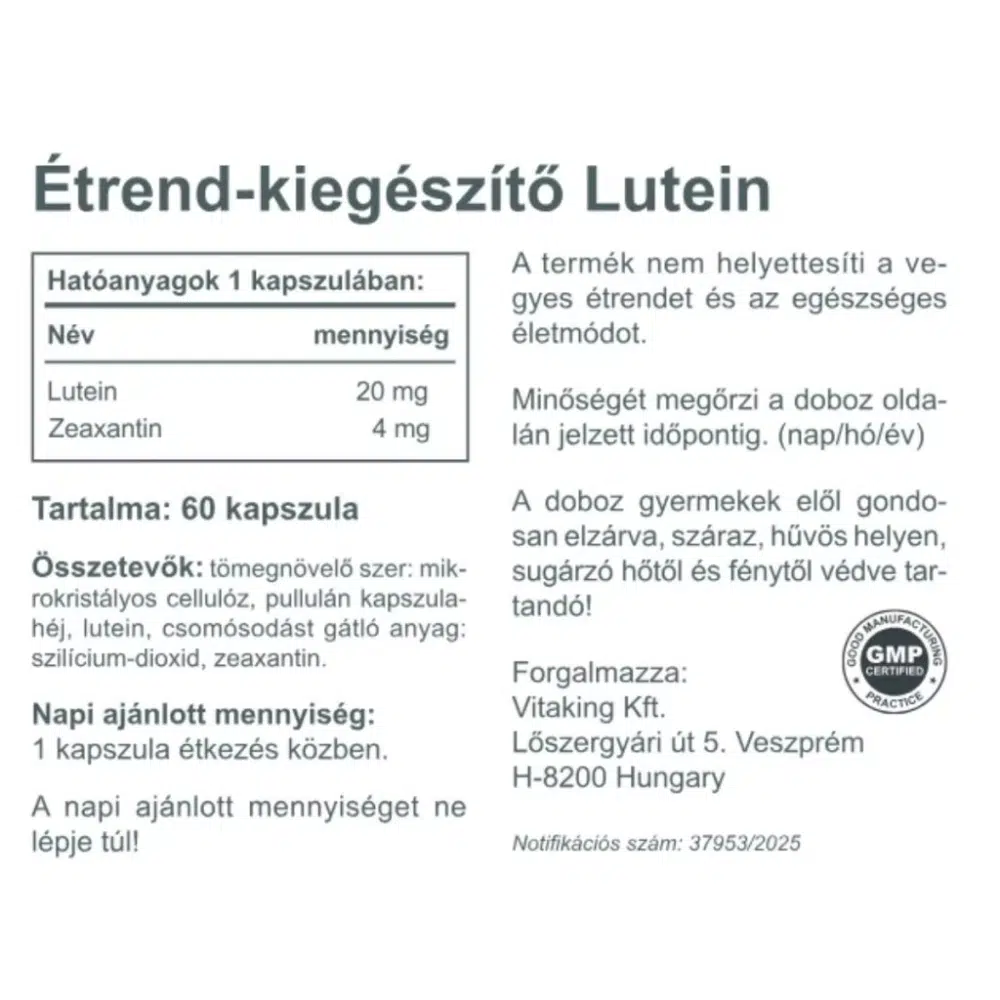 Vitaking Lutein 20 mg + Zeaxantin 4 mg bársonyvirágból - 60 db kapszula - Image 2 Vitaking Lutein 20 mg + Zeaxantin 4 mg bársonyvirágból - 60 db kapszula - Image 2