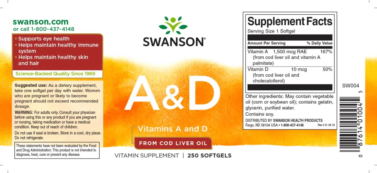 Swanson A-vitamin és D-vitamin halolajból lágyzselatin kapszula - 250 db - Image 2 Swanson A-vitamin és D-vitamin halolajból lágyzselatin kapszula - 250 db - Image 2