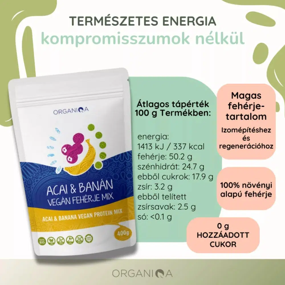 Organiqa 100% bio acai-banán vegán fehérje mix - 400g - Image 4 Organiqa 100% bio acai-banán vegán fehérje mix - 400g - Image 4