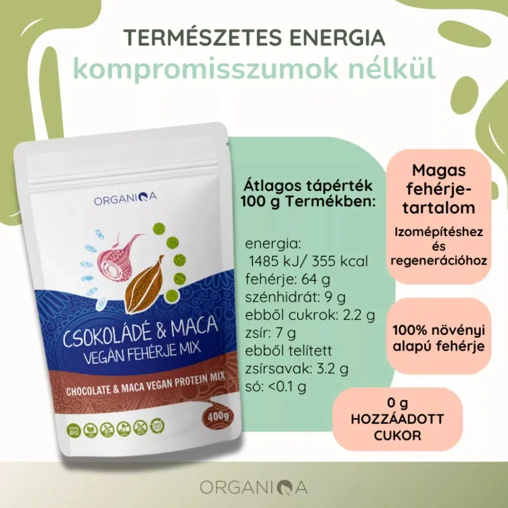 Organiqa 100% bio csokoládé-maca vegán fehérje mix - 400g - Image 4 Organiqa 100% bio csokoládé-maca vegán fehérje mix - 400g - Image 4