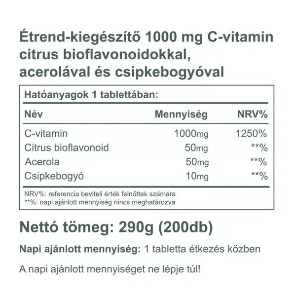 Vitaking C-vitamin 1000mg Bioflavonoid, acerola, csipkebogyó tabletta - 200db - Image 3 Vitaking C-vitamin 1000mg Bioflavonoid, acerola, csipkebogyó tabletta - 200db - Image 3