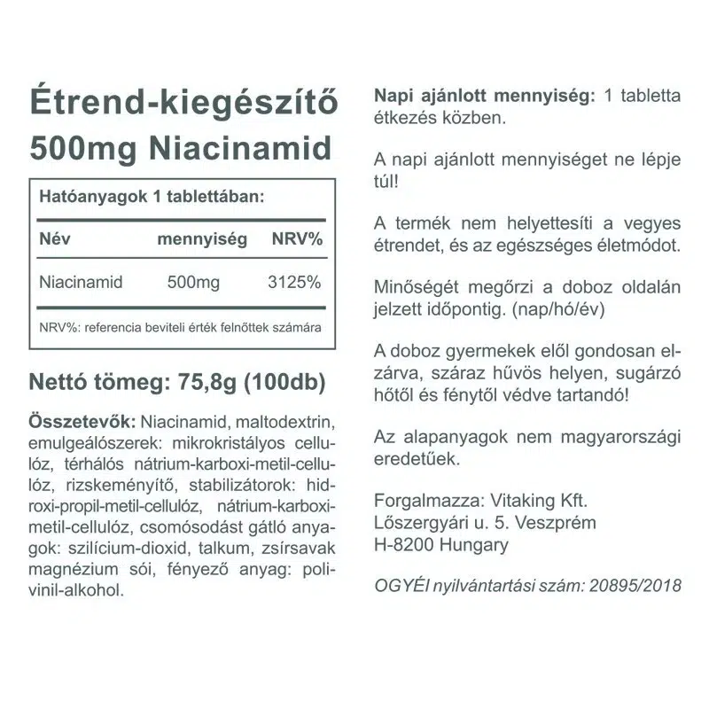 Vitaking Niacinamid 500mg tabletta - 100db - Image 2 Vitaking Niacinamid 500mg tabletta - 100db - Image 2