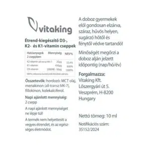 Vitaking D3-K2-K1 vitamin csepp MCT olajjal - 10ml - Image 2 Vitaking D3-K2-K1 vitamin csepp MCT olajjal - 10ml - Image 2