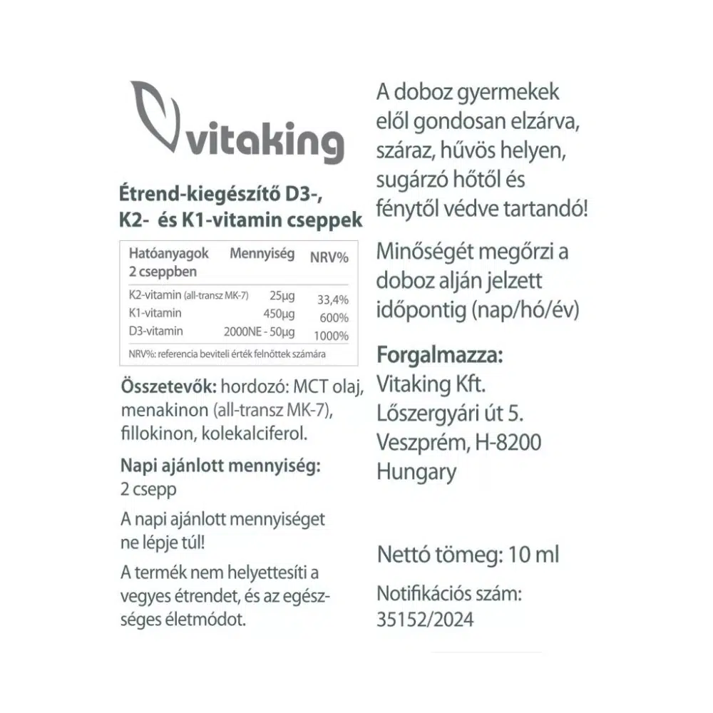 Vitaking D3-K2-K1 vitamin csepp MCT olajjal - 10ml - Image 2 Vitaking D3-K2-K1 vitamin csepp MCT olajjal - 10ml - Image 2