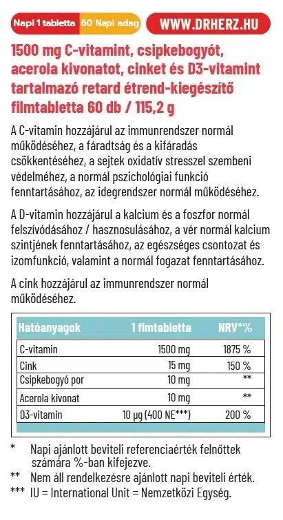 Dr. Herz C-vitamin 1500mg + D3+Cink RETARD filmtabletta – 60db - Image 2 Dr. Herz C-vitamin 1500mg + D3+Cink RETARD filmtabletta – 60db - Image 2