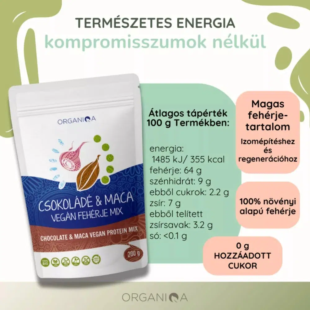 Organiqa 100% bio csokoládé-maca vegán fehérje mix - 200g - Image 3 Organiqa 100% bio csokoládé-maca vegán fehérje mix - 200g - Image 3