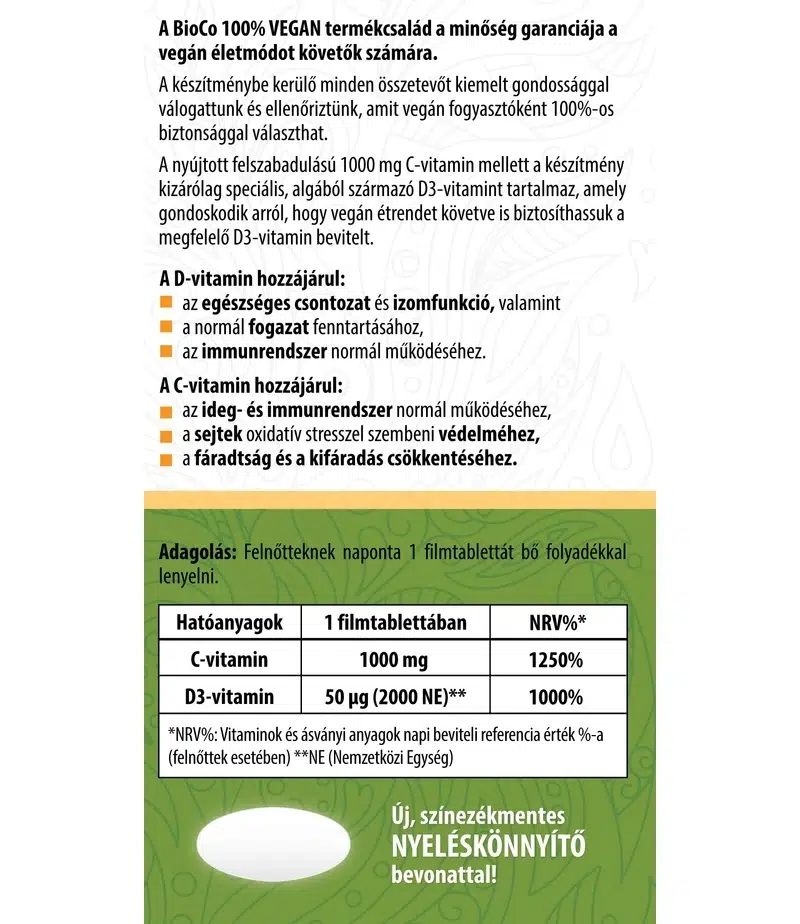 BioCo 100% VEGAN C+D Duo C-vitamin 1000mg + alga D3-vitamin filmtabletta -90db - Image 2 BioCo 100% VEGAN C+D Duo C-vitamin 1000mg + alga D3-vitamin filmtabletta -90db - Image 2