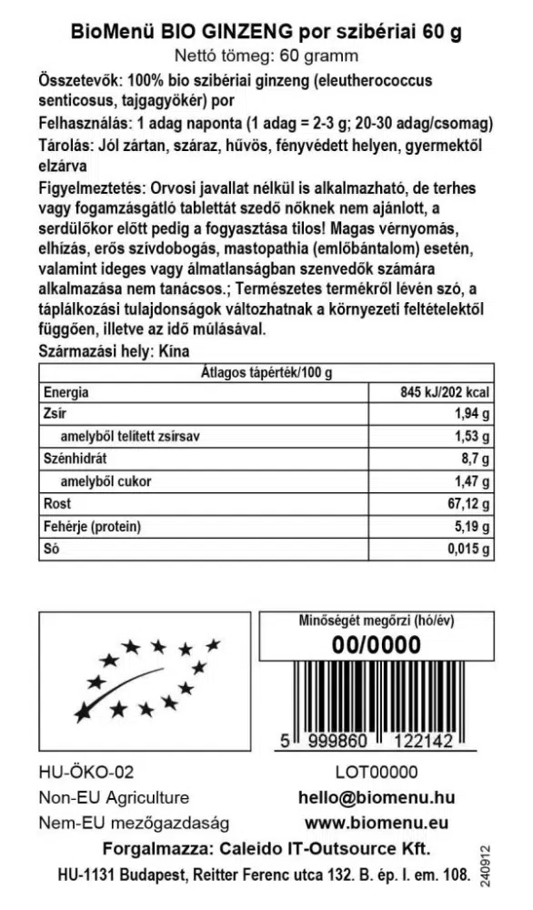 Biomenü Bio Szibériai Ginseng (ginzeng) por - 60g - Image 2 Biomenü Bio Szibériai Ginseng (ginzeng) por - 60g - Image 2