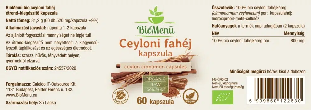 Biomenü Bio Ceyloni fahéj kapszula - 60db - Image 2 Biomenü Bio Ceyloni fahéj kapszula - 60db - Image 2