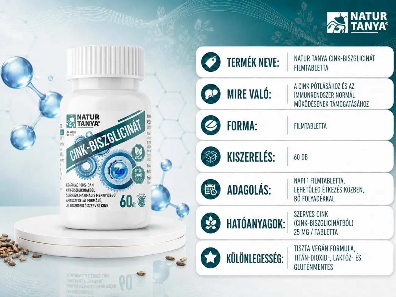Natur Tanya Cink-biszglicinát 60db filmtabletta termékinformáció kártya, adagolás, összetevők, hatóanyagok, 25mg szerves cink