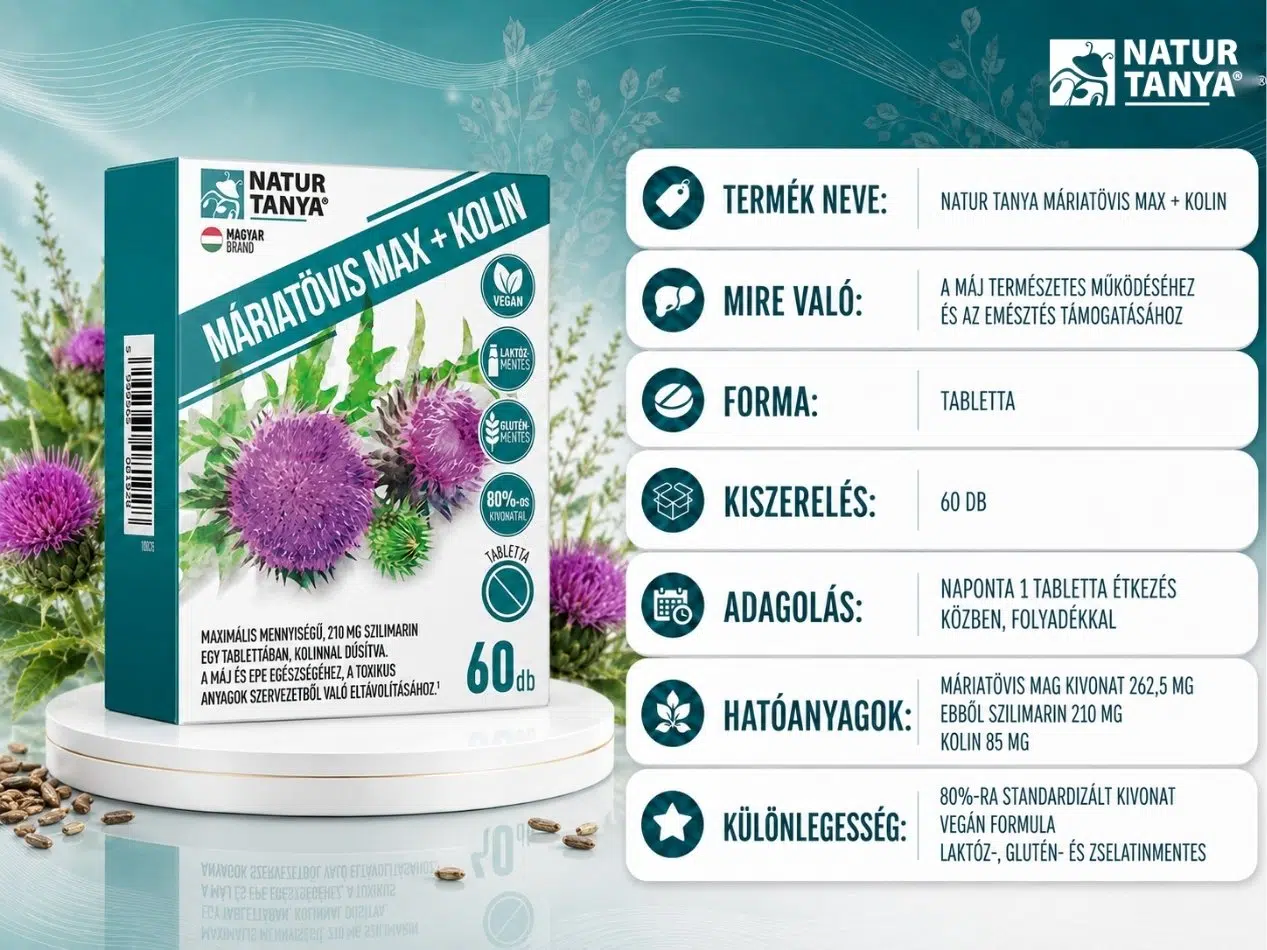 Natur Tanya Máriatövis Max + Kolin 60 db tabletta termékinformáció kártya, adagolás, összetevők, hatóanyagok, 210 mg szilimarin, 85 mg kolin