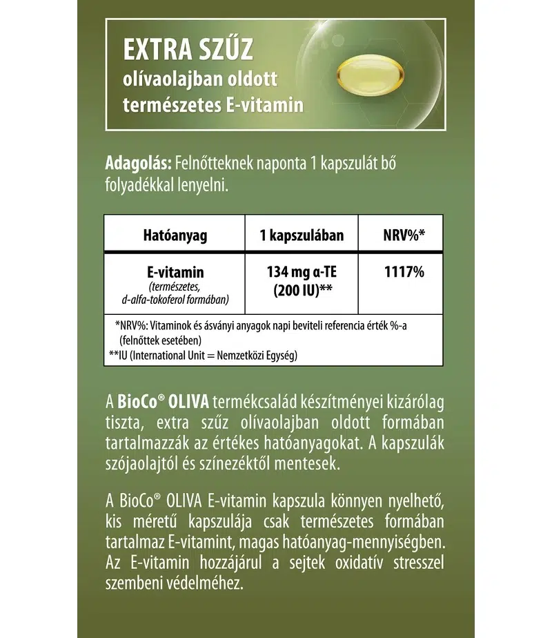 BioCo OLIVA Természetes E-vitamin 200 IU lágyzselatin kapszula - 60db - Image 2 BioCo OLIVA Természetes E-vitamin 200 IU lágyzselatin kapszula - 60db - Image 2