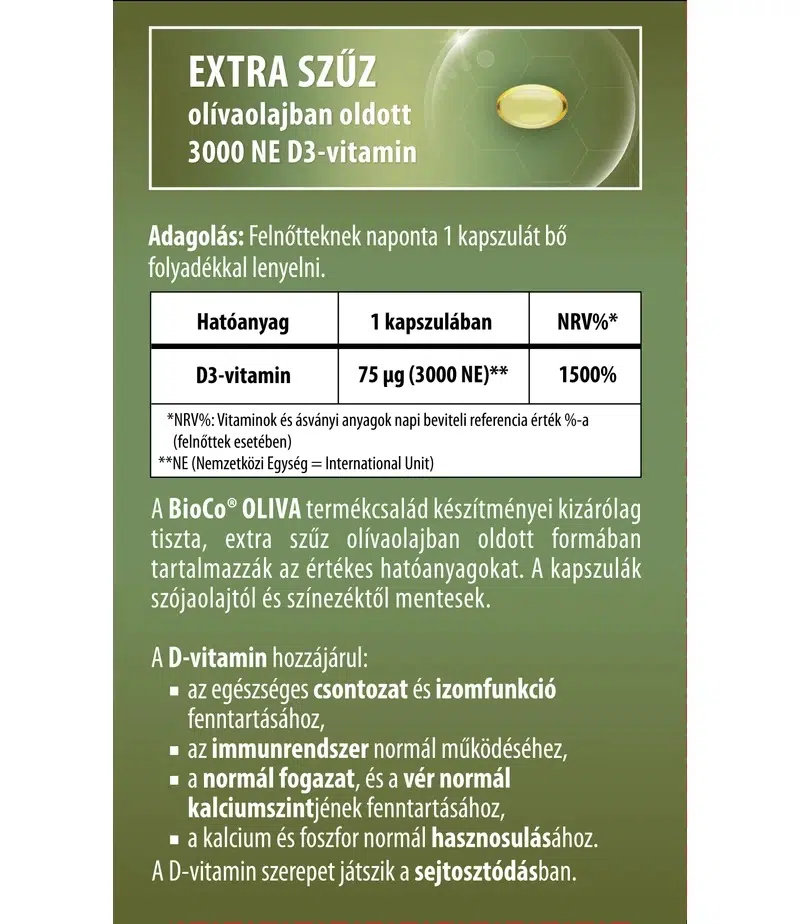 BioCo Oliva D3-vitamin 3000NE lágyzselatin kapszula - 60db - Image 2 BioCo Oliva D3-vitamin 3000NE lágyzselatin kapszula - 60db - Image 2
