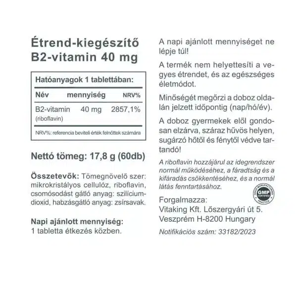 Vitaking B2-vitamin (Riboflavin) tabletta - 60db - Image 2 Vitaking B2-vitamin (Riboflavin) tabletta - 60db - Image 2