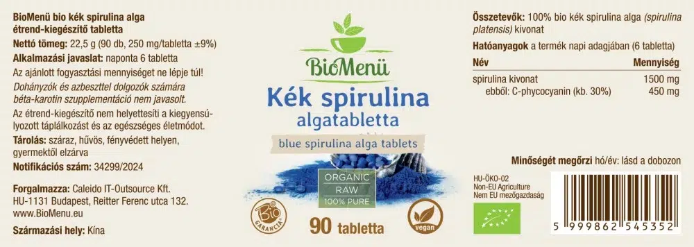 Biomenü Bio Kék Spirulina algatabletta - 90db - Image 2 Biomenü Bio Kék Spirulina algatabletta - 90db - Image 2