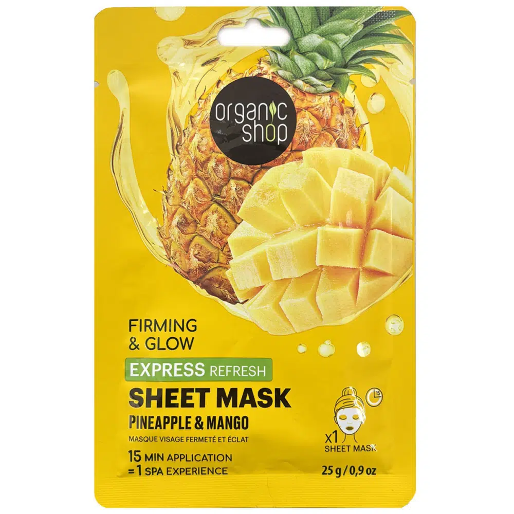 Organic Shop Firming & Glow Frissítő fátyolmaszk ananásszal és mangóval - 25g Organic Shop Firming & Glow Frissítő fátyolmaszk ananásszal és mangóval - 25g