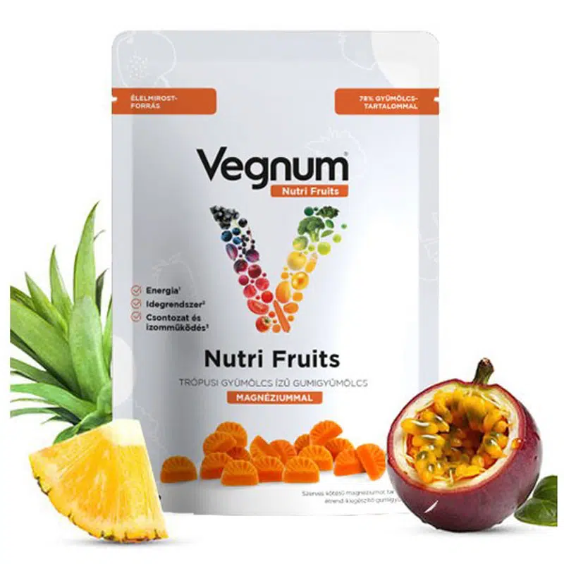 Vegnum Nutri Fruits Magnéziummal (trópusi gyümölcs ízű) gumigyümölcs - 30db Vegnum Nutri Fruits Magnéziummal (trópusi gyümölcs ízű) gumigyümölcs - 30db