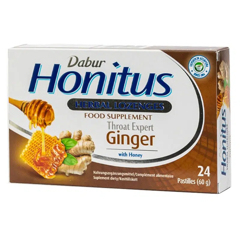 Dabur Honitus Ginger-gyömbér ízű gyógynövényes szopogató tabletta mézzel Dabur Honitus Ginger-gyömbér ízű gyógynövényes szopogató tabletta mézzel
