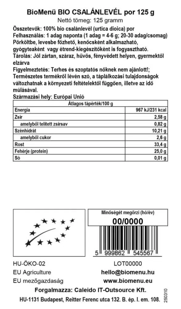 Biomenü Bio Csalánlevél por - 125g - Image 2 Biomenü Bio Csalánlevél por - 125g - Image 2