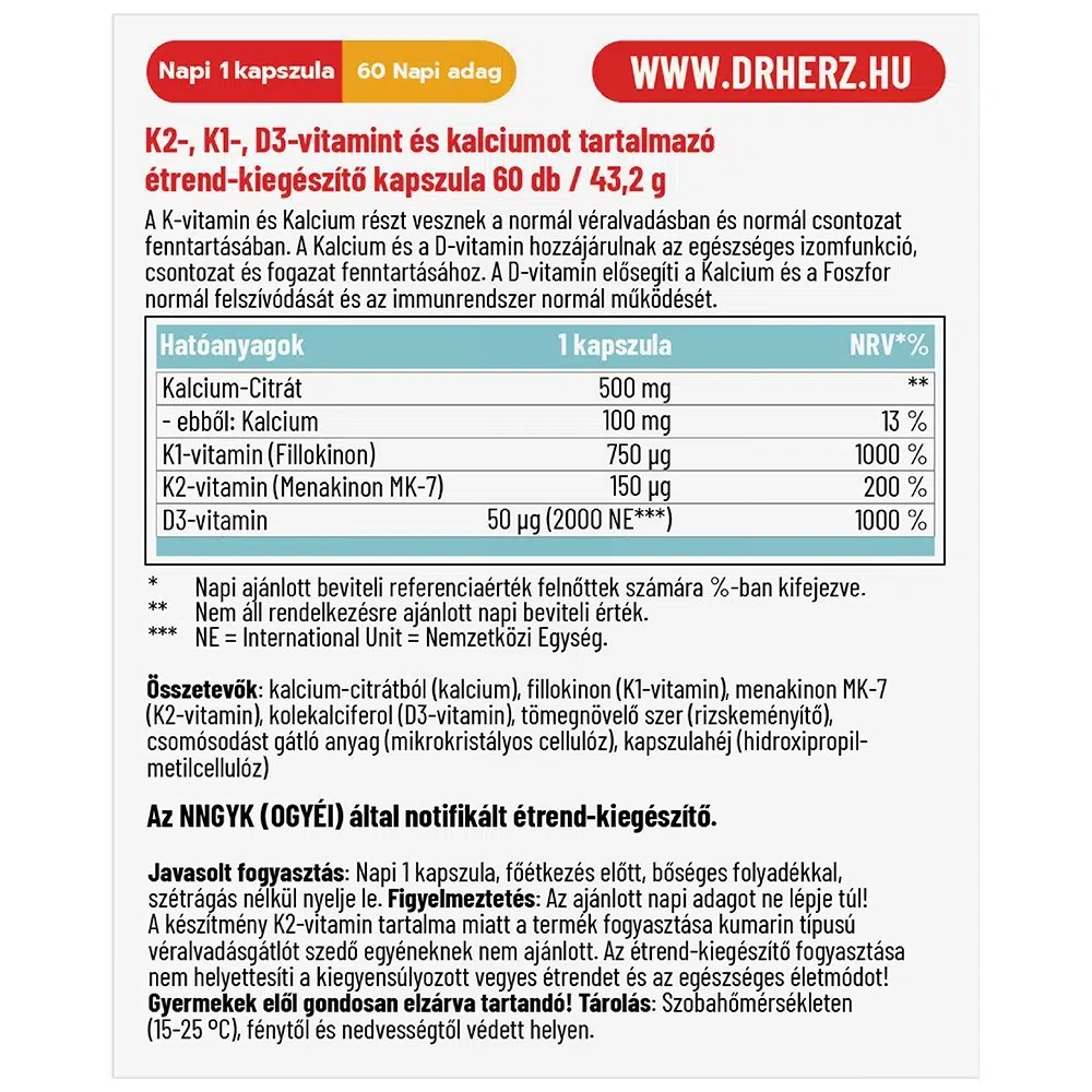 Dr. Herz K2-vitamin+K1+D3+Kalcium kapszula - 60 db - Image 2 Dr. Herz K2-vitamin+K1+D3+Kalcium kapszula - 60 db - Image 2