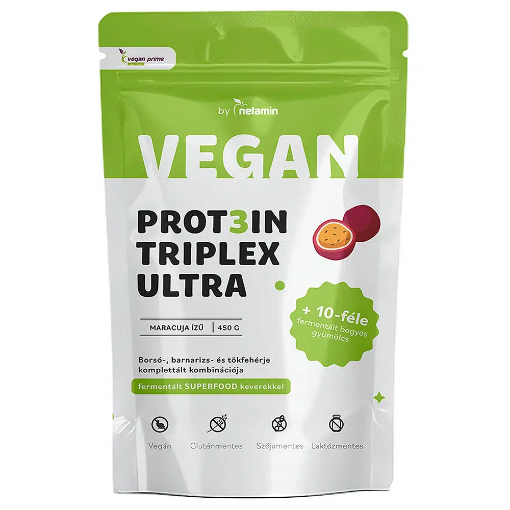 Netamin Vegan Prot3in Triplex Ultra maracuja ízű fehérjepor Superfood keverékkel - 450g Netamin Vegan Prot3in Triplex Ultra maracuja ízű fehérjepor Superfood keverékkel - 450g