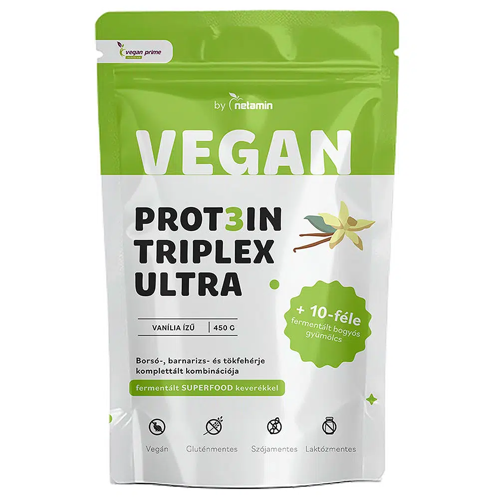 Netamin Vegan Prot3in Triplex Ultra vanília ízű fehérjepor Superfood keverékkel - 450g Netamin Vegan Prot3in Triplex Ultra vanília ízű fehérjepor Superfood keverékkel - 450g
