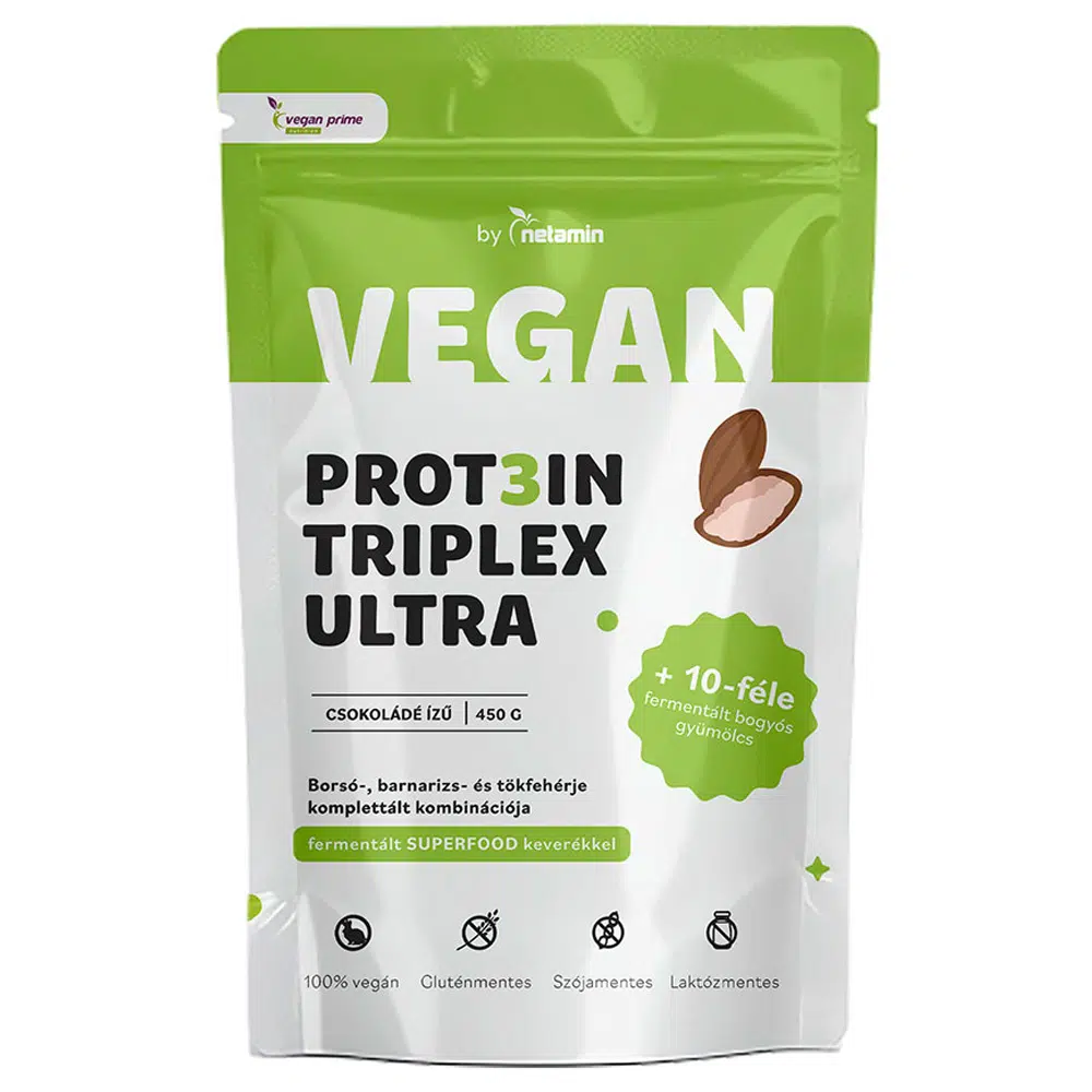 Netamin Vegan Prot3in Triplex Ultra csokoládé ízű fehérjepor Superfood keverékkel - 450g Netamin Vegan Prot3in Triplex Ultra csokoládé ízű fehérjepor Superfood keverékkel - 450g