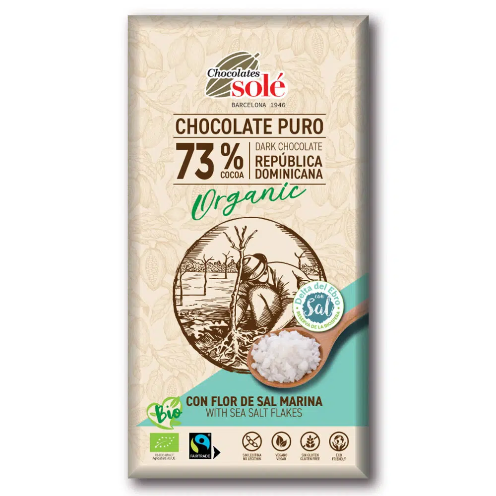 Chocolates Solé 73% Bio Tengeri Sópelyhes Étcsokoládé -100g Chocolates Solé 73% Bio Tengeri Sópelyhes Étcsokoládé -100g