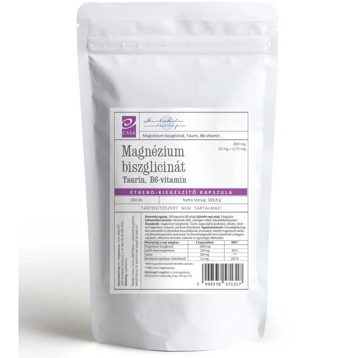 Casa Magnézium Biszglicinát+Taurin+B6-vitamin kapszula - 180db Casa Magnézium Biszglicinát+Taurin+B6-vitamin kapszula - 180db