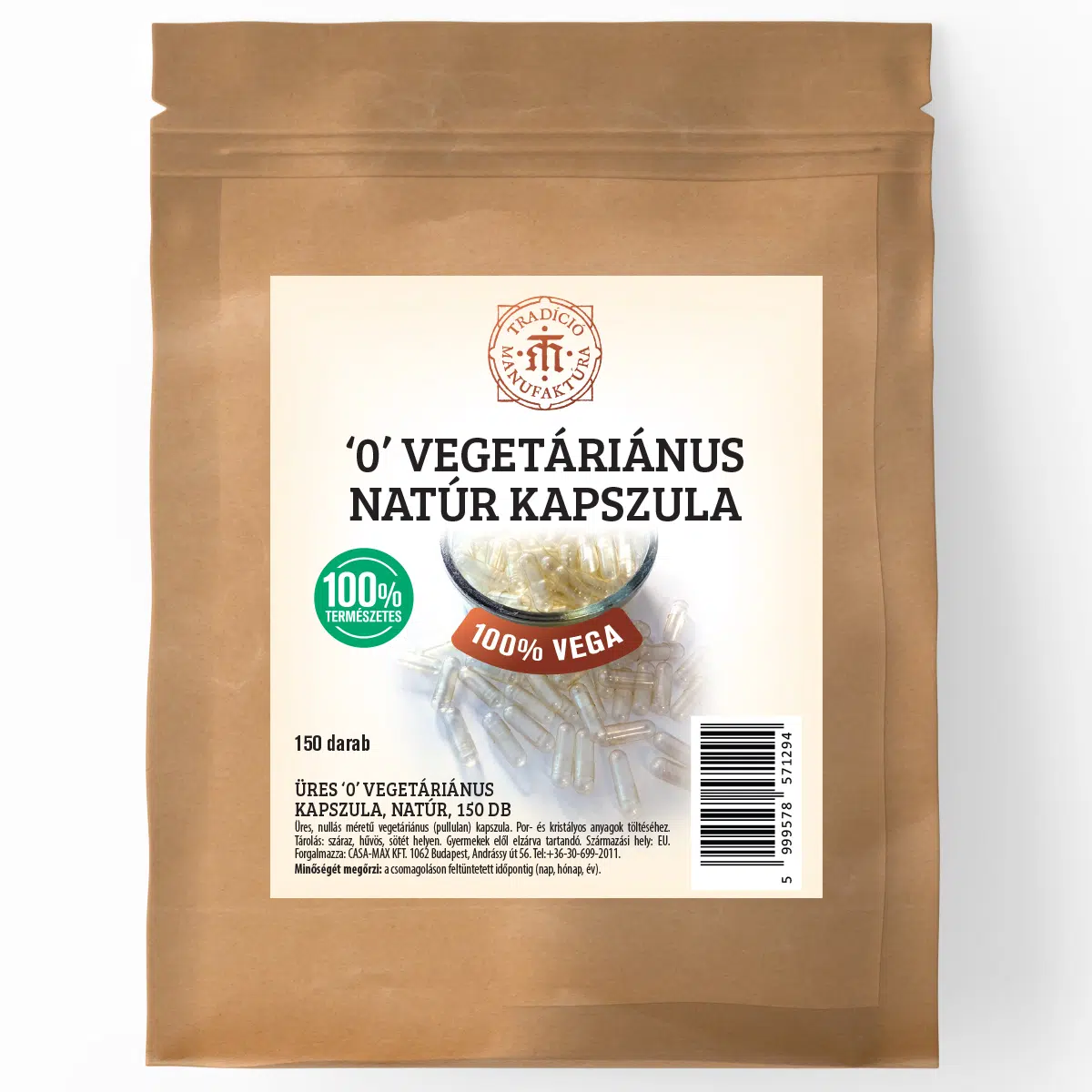 T.M. Tradició Manufaktúra Vegetáriánus Üres kapszula - 150db T.M. Tradició Manufaktúra Vegetáriánus Üres kapszula - 150db
