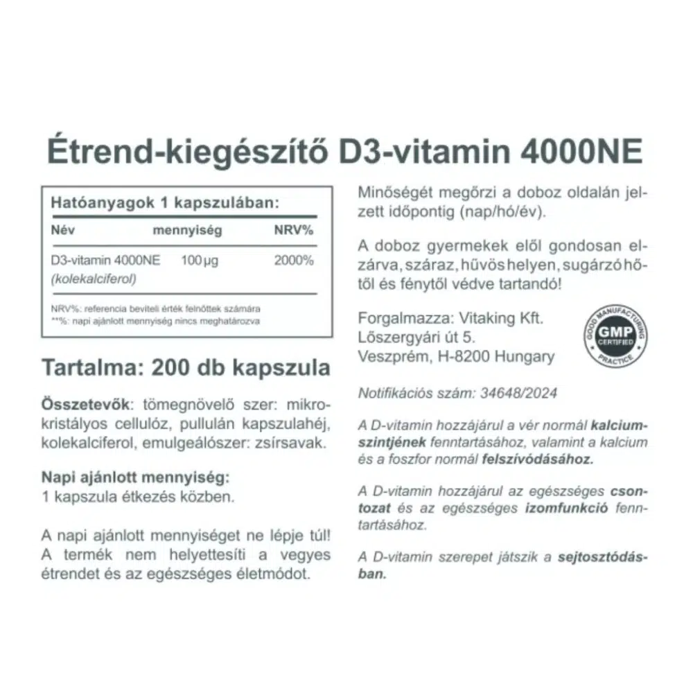 Vitaking D3-vitamin D-4000NE kapszula - 200db - Image 2 Vitaking D3-vitamin D-4000NE kapszula - 200db - Image 2