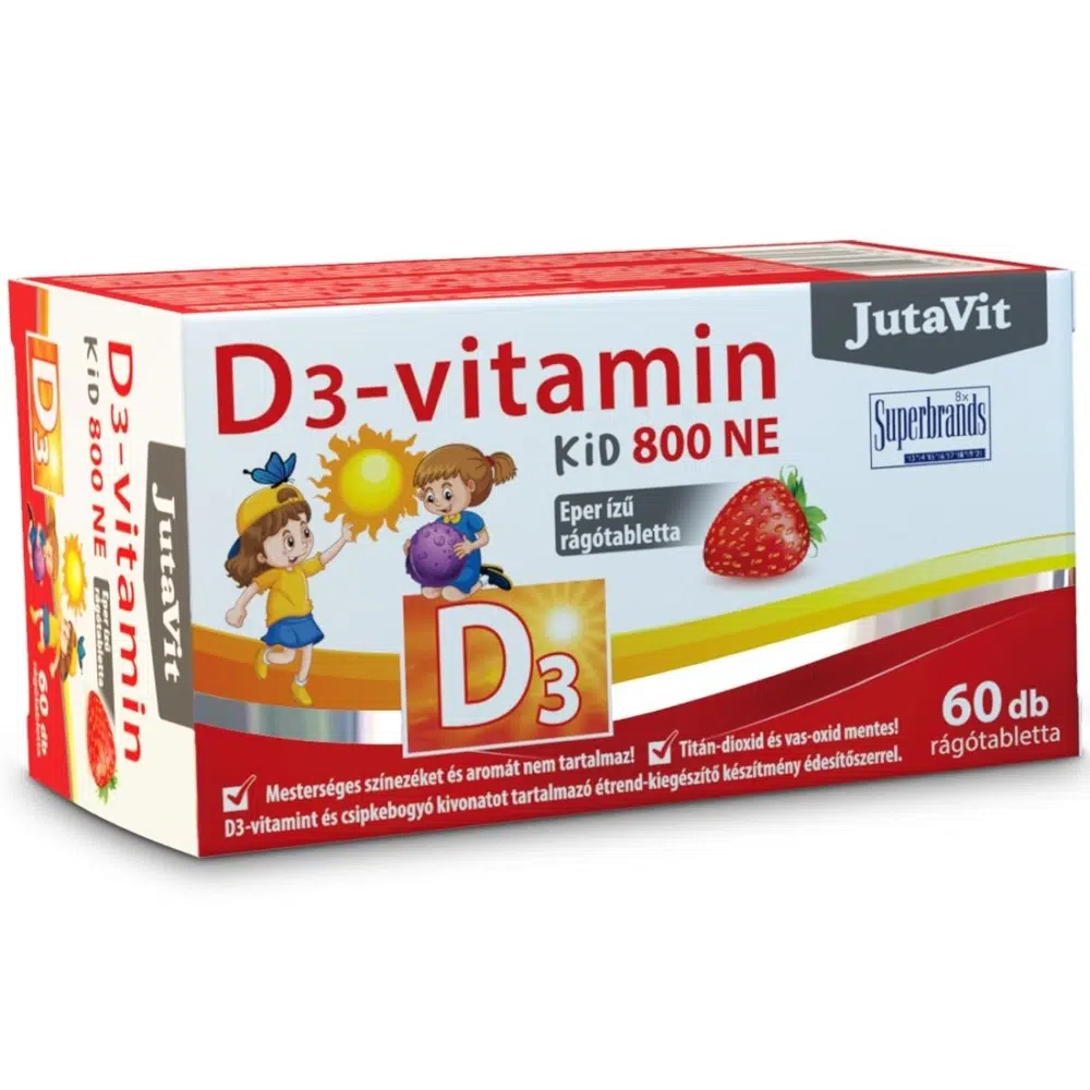 Jutavit D3-vitamin 800-NE KID eper ízű rágótabletta 60db Jutavit D3-vitamin 800-NE KID eper ízű rágótabletta 60db