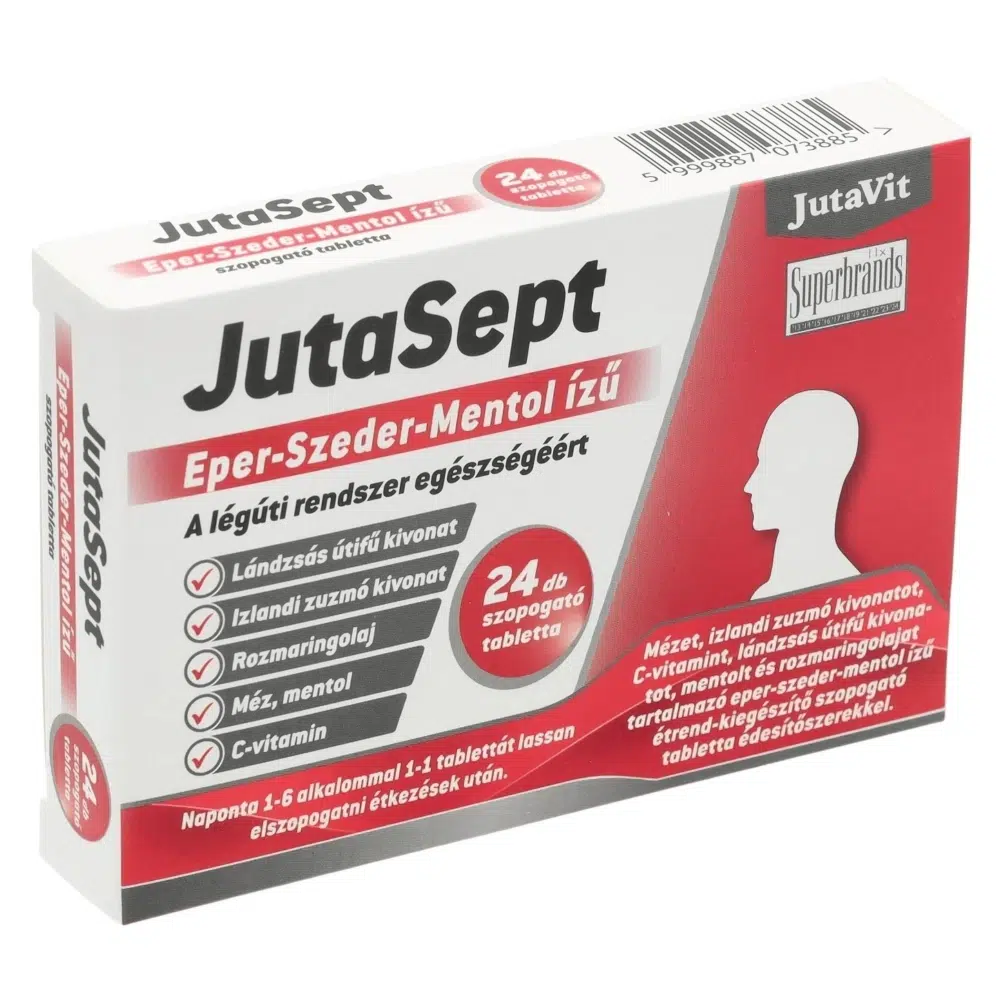 Jutavit Jutasept eper-szeder-mentol ízű szopogató tabletta 24db Jutavit Jutasept eper-szeder-mentol ízű szopogató tabletta 24db