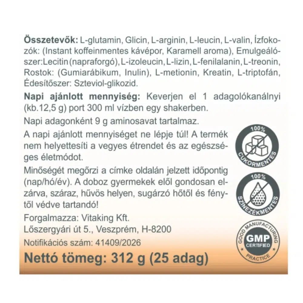 Vitaking Aminosav Komplex karamell-kávé ízű italpor - 312g - Image 3 Vitaking Aminosav Komplex karamell-kávé ízű italpor - 312g - Image 3