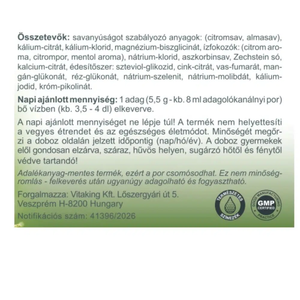 Vitaking Elektrolit citrom-menta ízű italpor - 165g - Image 3 Vitaking Elektrolit citrom-menta ízű italpor - 165g - Image 3