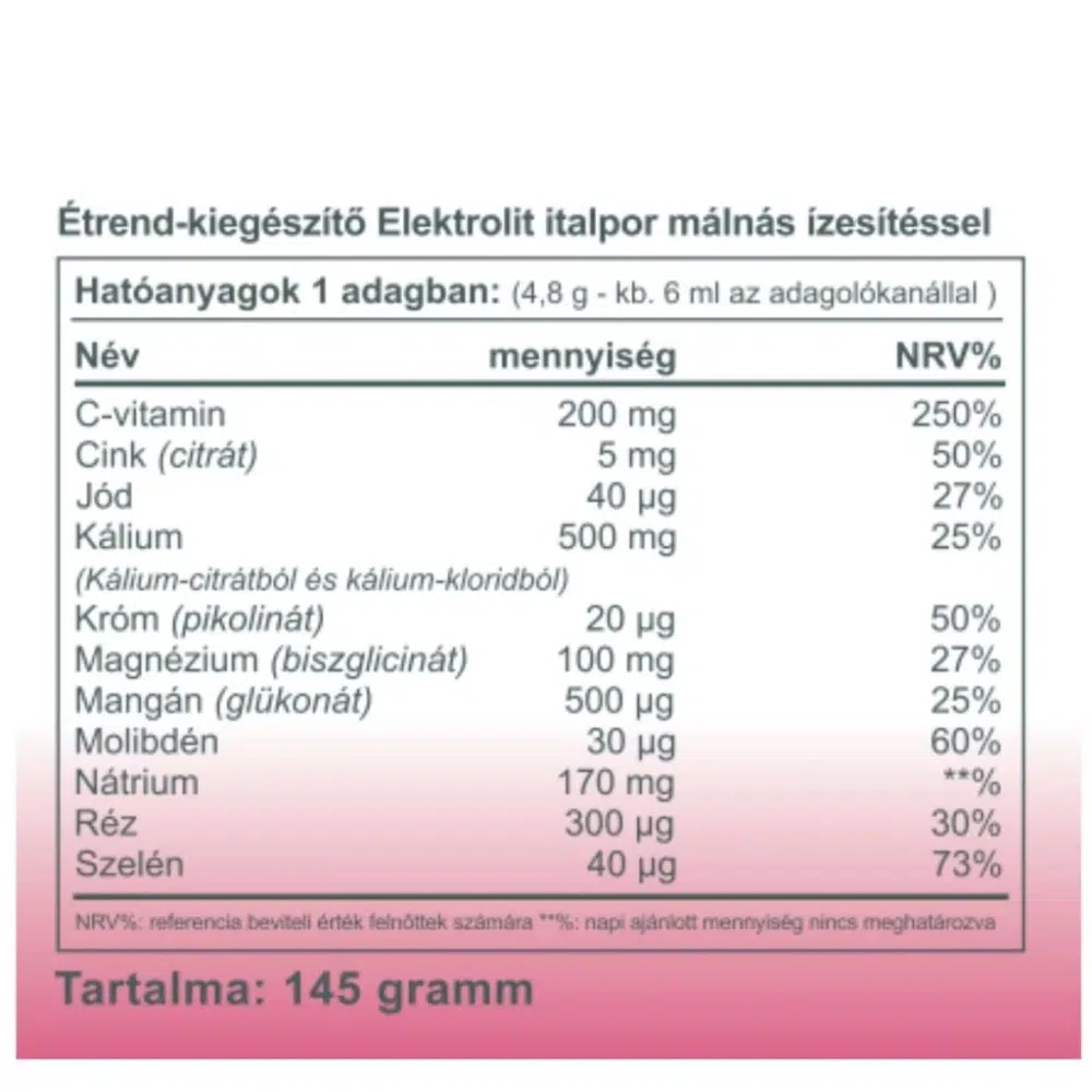 Vitaking Elektrolit málna ízű italpor - 145g - Image 2 Vitaking Elektrolit málna ízű italpor - 145g - Image 2