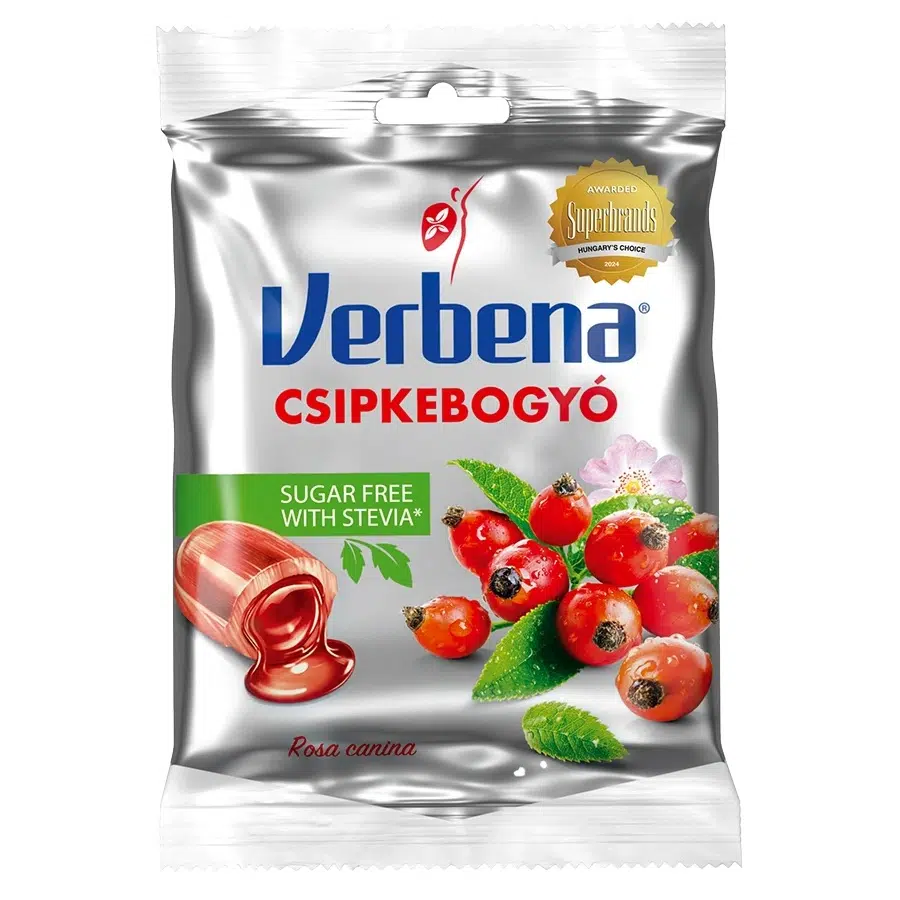 Verbena töltött cukorka csipkebogyós cukormentes 60g Verbena töltött cukorka csipkebogyós cukormentes 60g