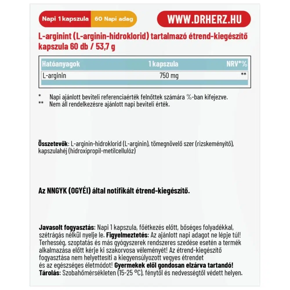 Dr. Herz L-arginin HCL 750mg kapszula - 60 db - Image 2 Dr. Herz L-arginin HCL 750mg kapszula - 60 db - Image 2
