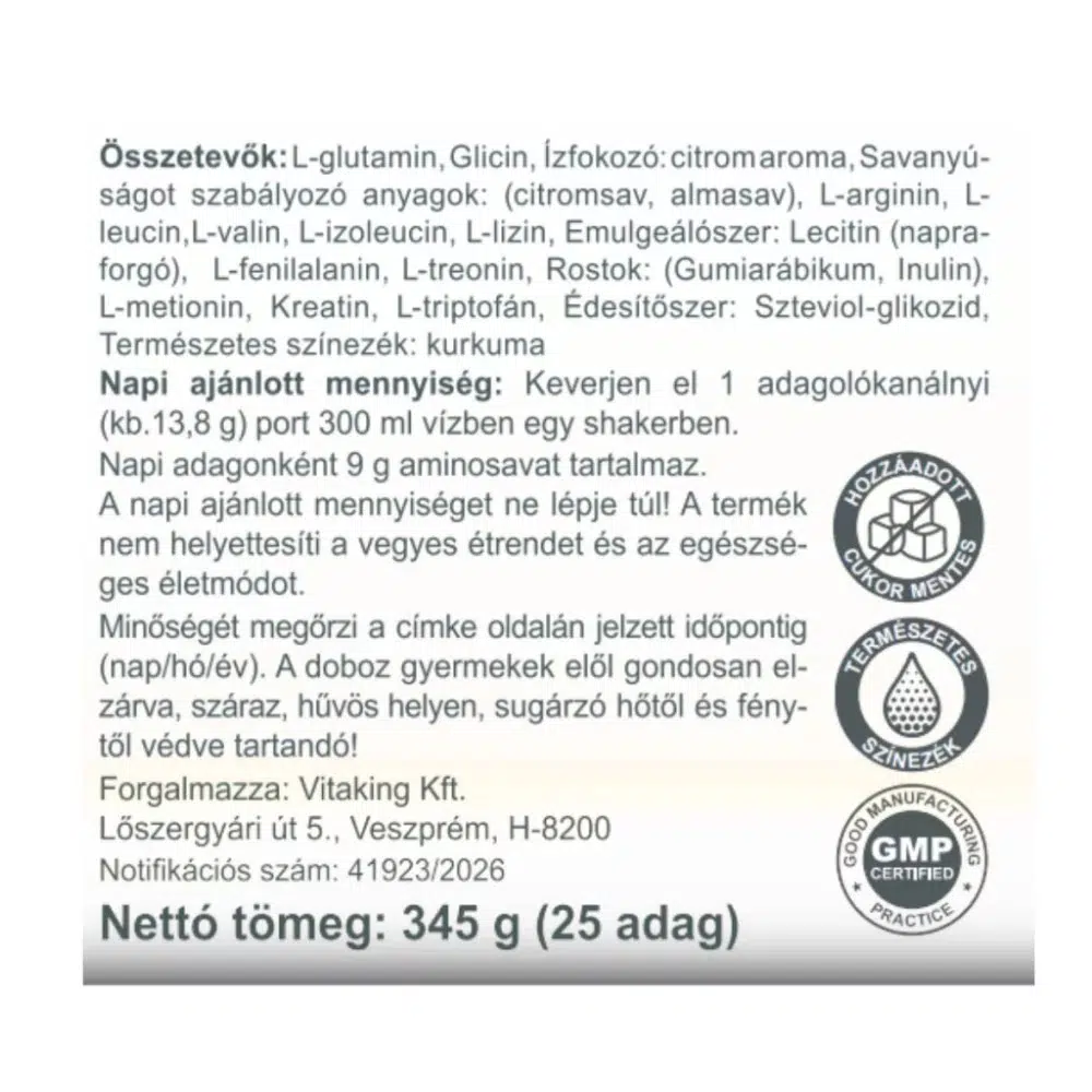 Vitaking Aminosav Komplex citrom ízű italpor - 345g - Image 3 Vitaking Aminosav Komplex citrom ízű italpor - 345g - Image 3