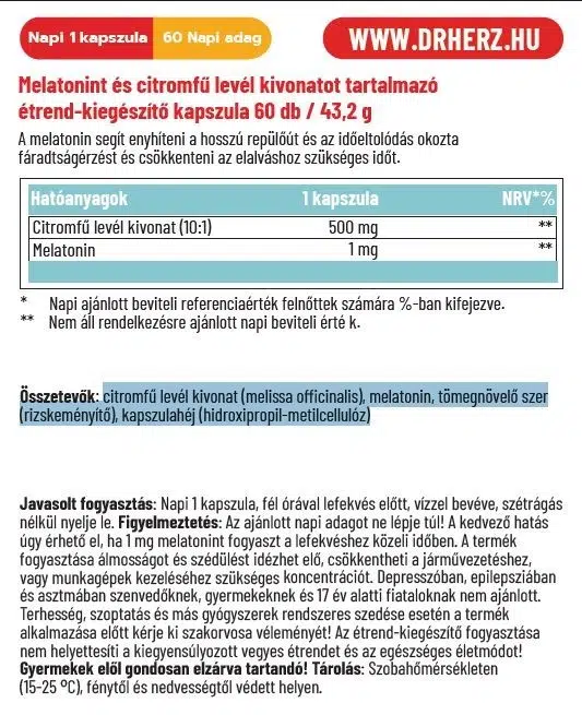 Dr. Herz Melatonin 1 mg + Citromfű levél kivonat kapszula - 60db - Image 2 Dr. Herz Melatonin 1 mg + Citromfű levél kivonat kapszula - 60db - Image 2